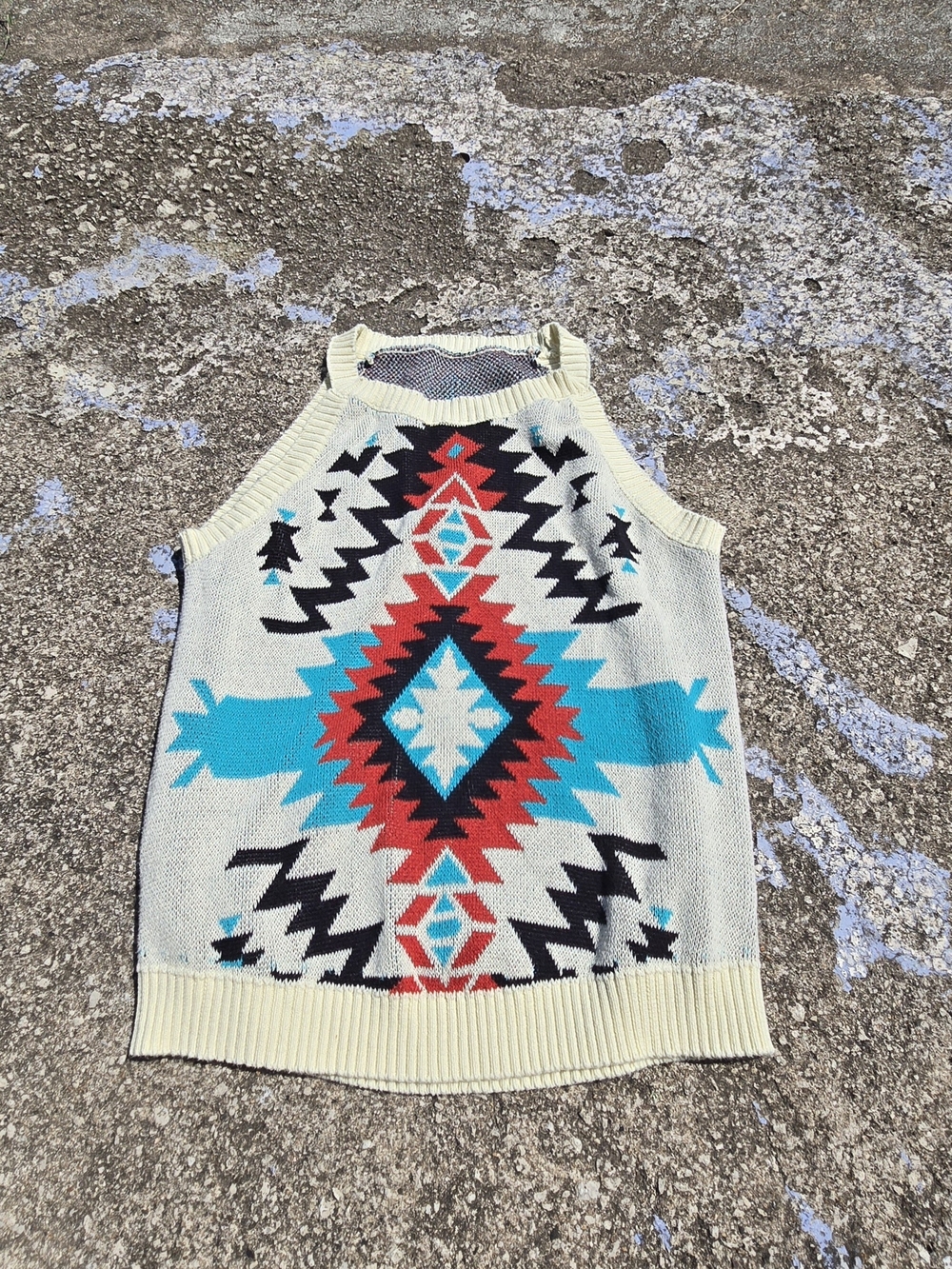 Cream Aztec Print Knit Tank Sweater with Turquoise & Red Accents Cotton